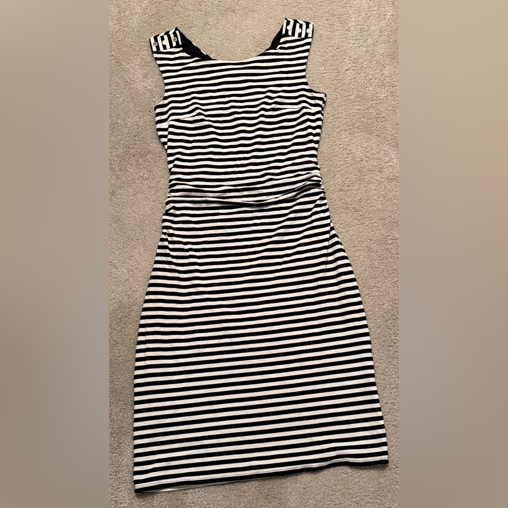 White House Black Market M Womens Black White Striped Cut Out Body-con Dress